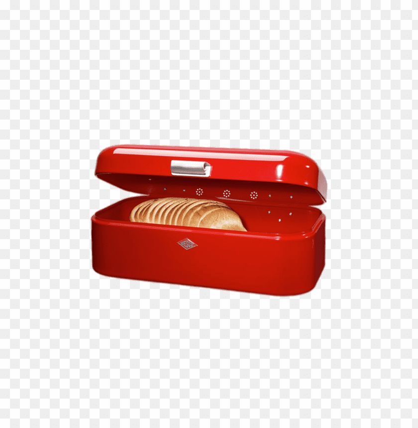 Red bread box with sliced bread inside, stylish kitchen storage PNG