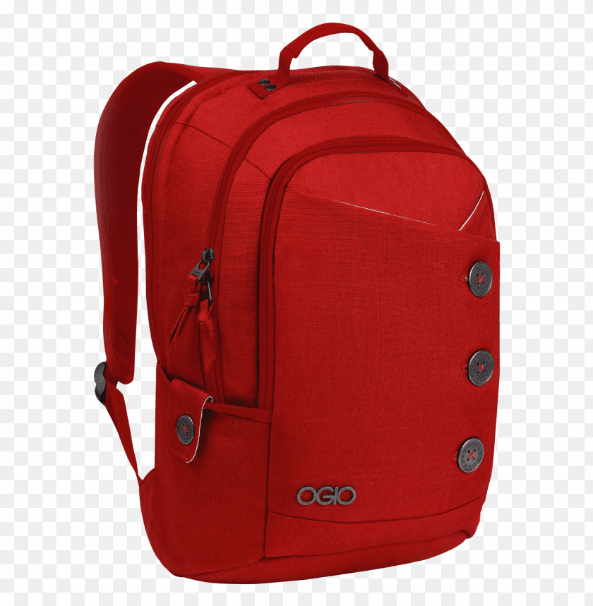 Stylish red backpack with three buttons and front pocket PNG