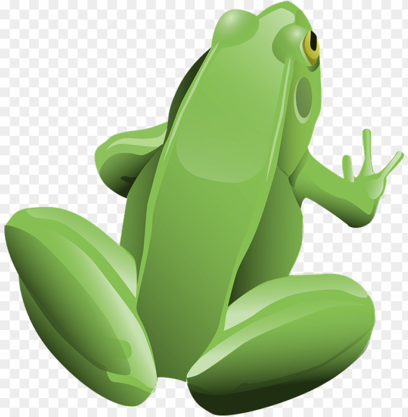 A cartoonish green frog sitting with a raised hand PNG