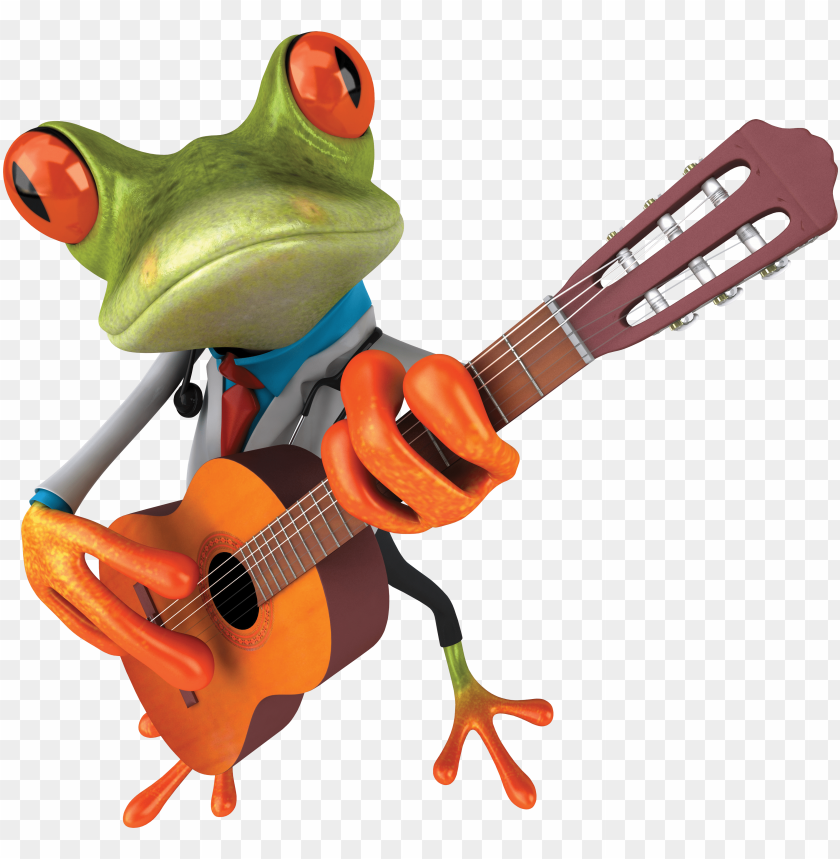 Cartoon frog in a suit playing a guitar with enthusiasm PNG