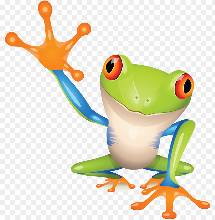 Colorful cartoon frog with bright orange hands and big eyes PNG