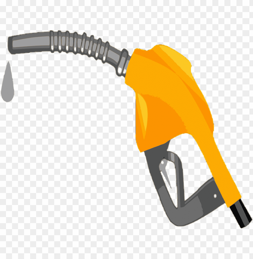 Yellow fuel pump nozzle with a drop of fuel, isolated on a transparent background.