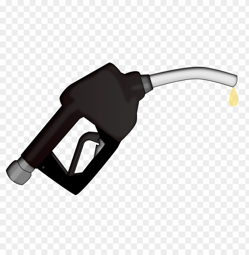 Black fuel pump nozzle with a drop of fuel, transparent background