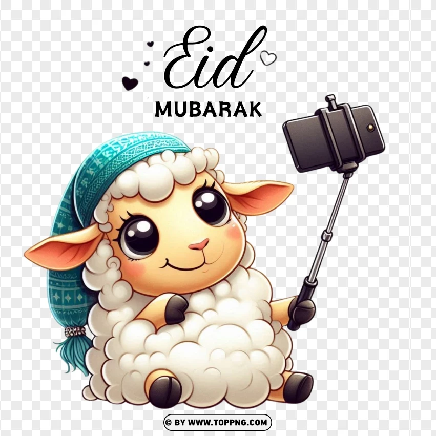 Joyful Sheep Taking Selfie With Eid Al-adha Mubarak Sign PNG Transparent Background