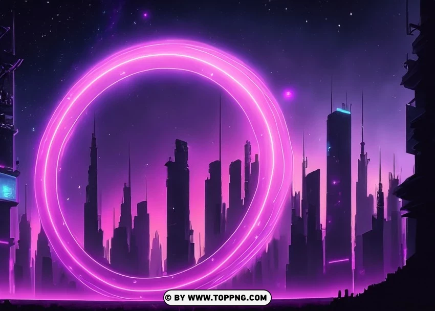 Futuristic Neon Circle In Urban Reflective Gridscape With Purple Hue Wallpaper Flare PNG Transparent Background