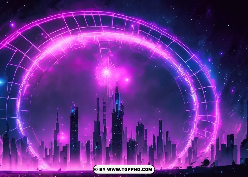 Futuristic Neon Circle In Urban Reflective Gridscape With Purple Hue Wallpaper Flare PNG Transparent Background