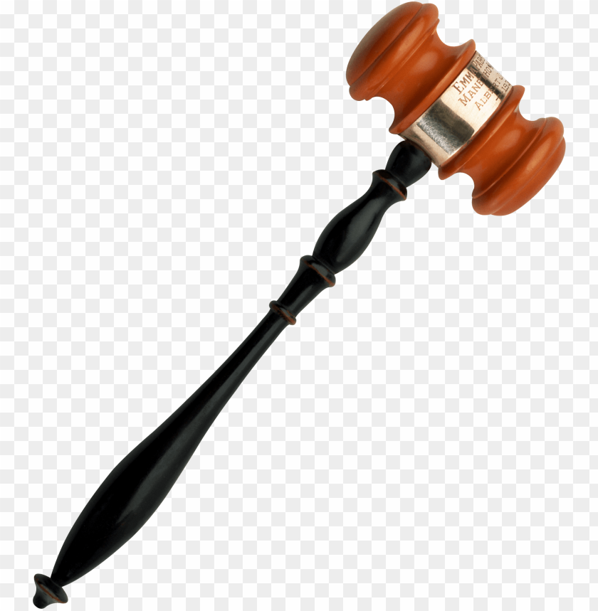 A wooden gavel with an orange head and black handle, isolated on a transparent background.