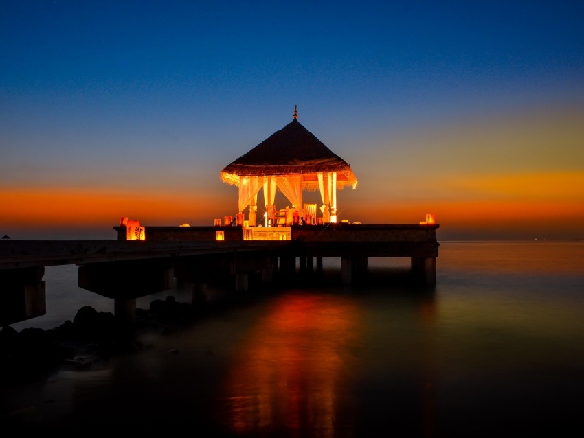 gazebo, pier, ocean, sunset, romance