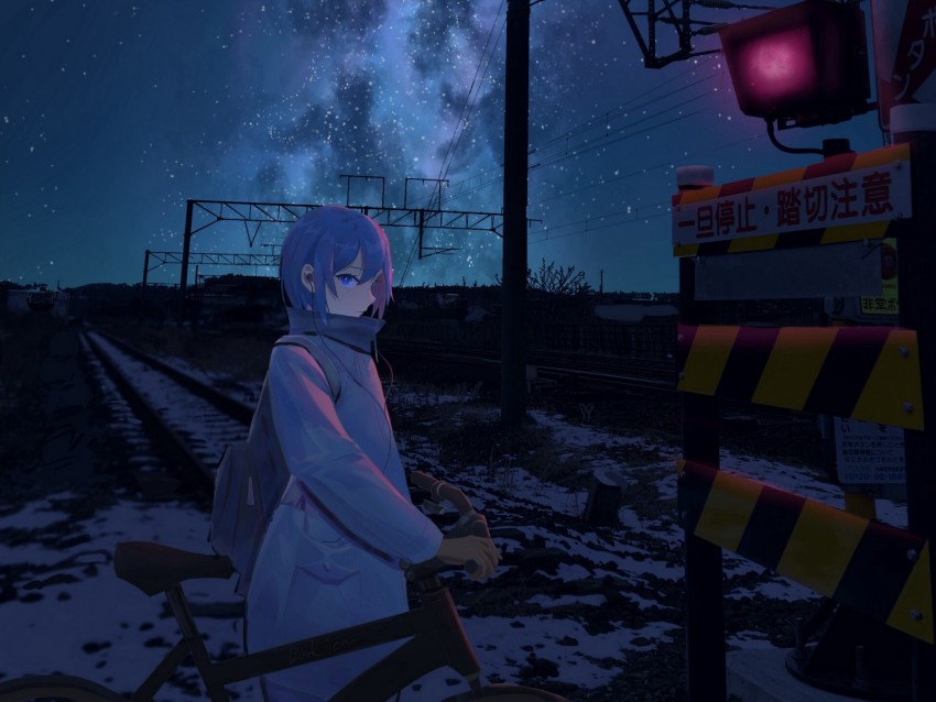 Girl Bicycle Night Stars Rails Railway Background