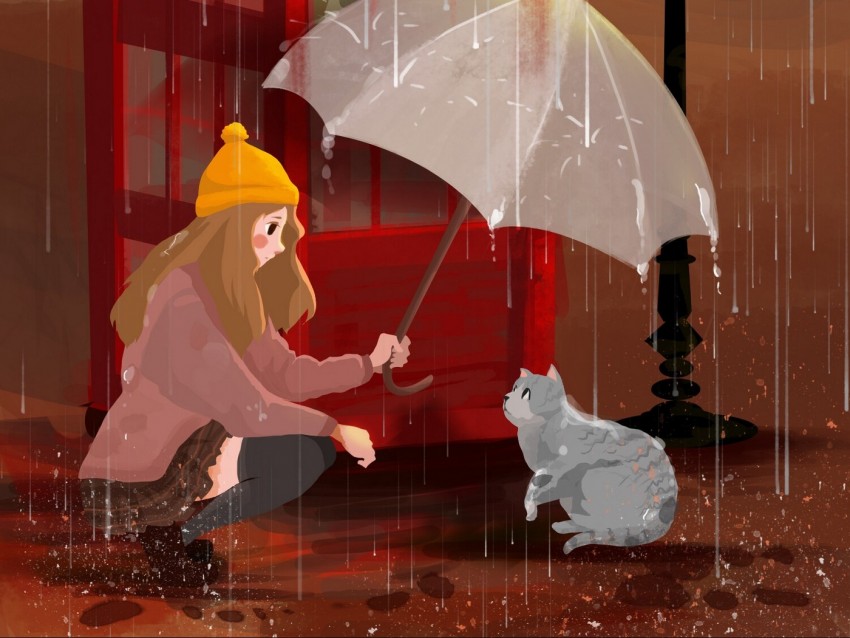 Girl Cat Umbrella Rain Art Background