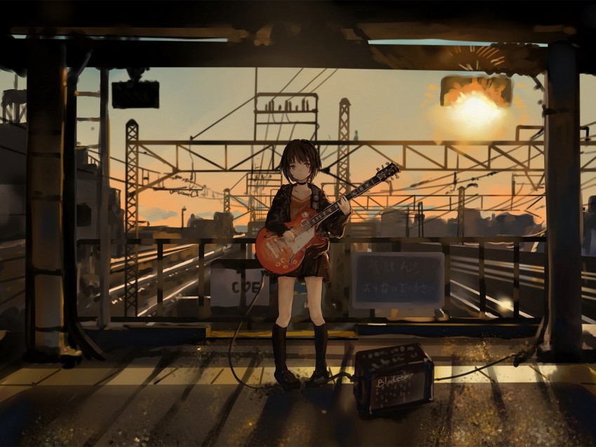 girl, guitar, anime, musician, electric guitar, art