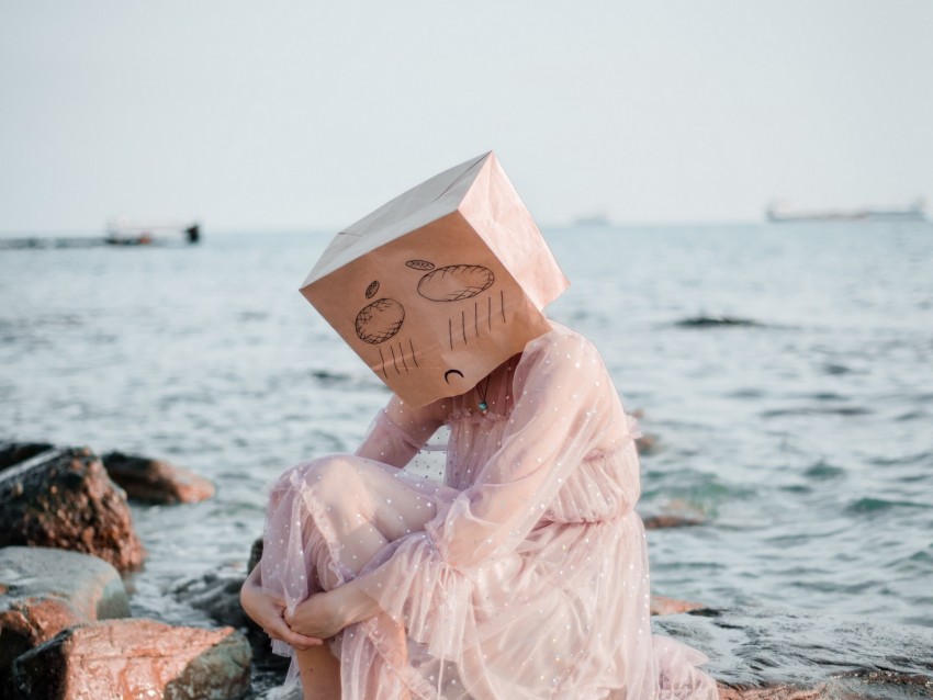 girl, mask, sadness, sea, stones