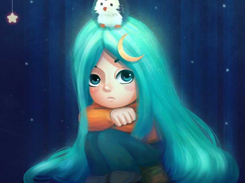 girl, sadness, art, bird, stars