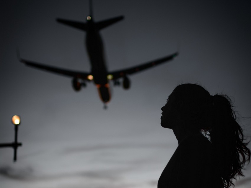 Girl Silhouette Dark Plane Twilight Background