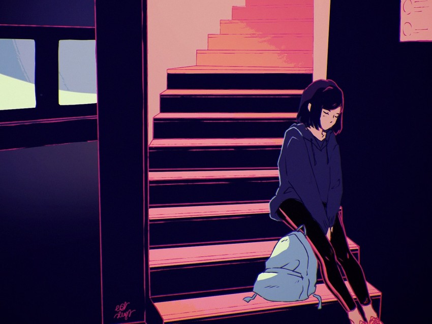 Girl Stairs Loneliness Art Sadness Background