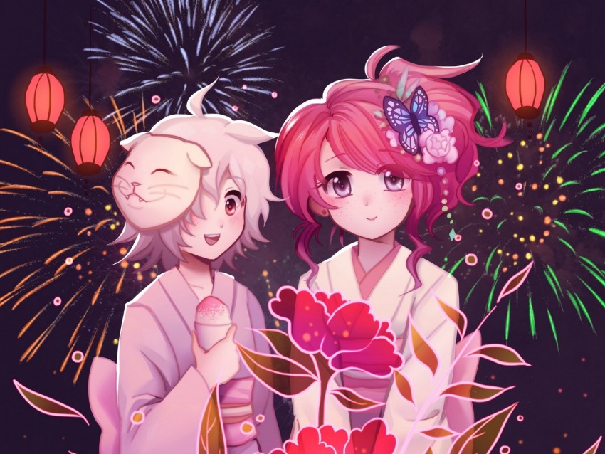 girls, flowers, fireworks, anime, art