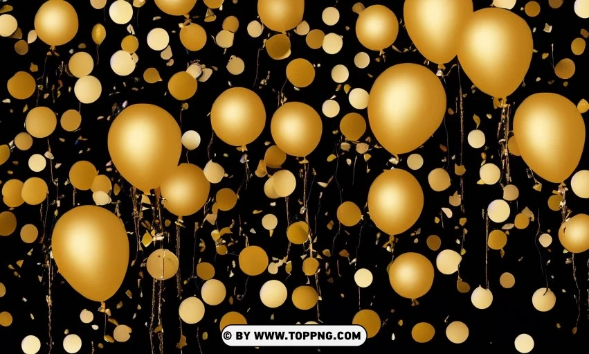 Festive golden balloons, Confetti celebration backdrop, Blurred bokeh party background, Golden inflatable balloons decor, Festive event ambiance, Confetti-filled background, Luxury party scene