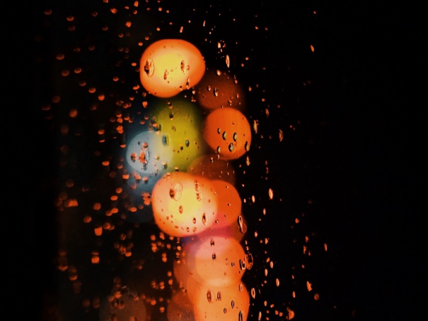 glare, bokeh, lights, drops, glass, wet