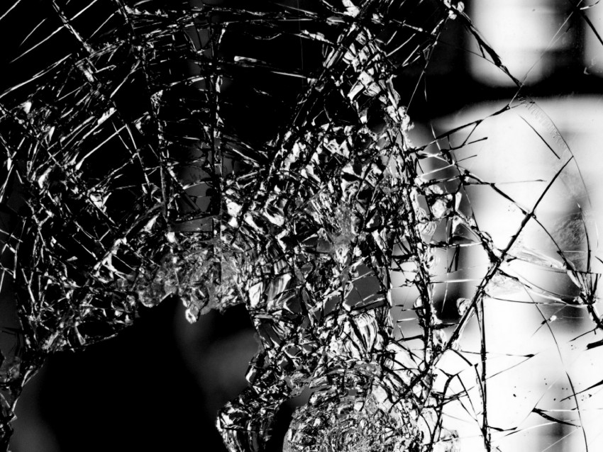 glass, broken, bw, cranny, shards