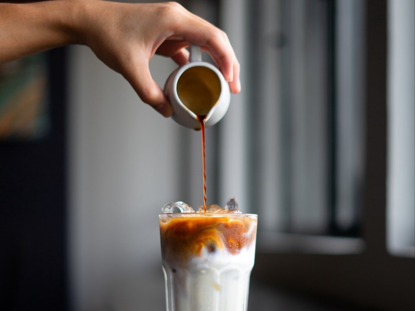 glass, coffee, ice, drink, hand