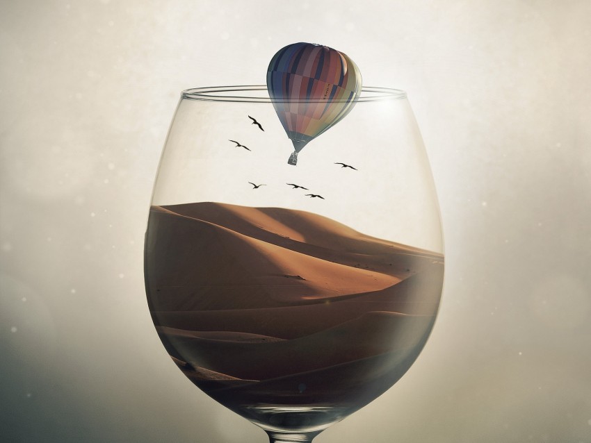 Glass Desert Air Balloon Illusion Sand Birds Background