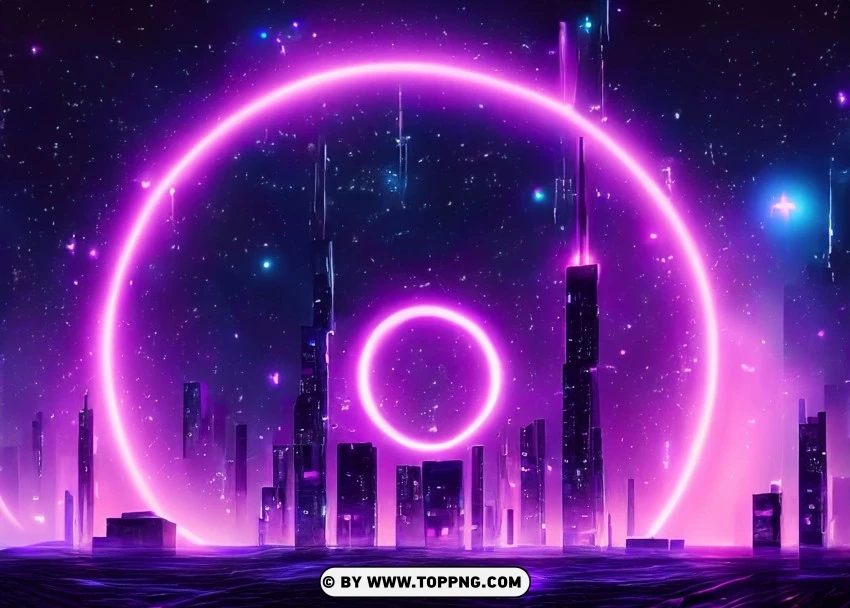 Glimmering Neon Cityscape Circular Purple Ring Of Light Wallpaper Flare PNG Transparent Background