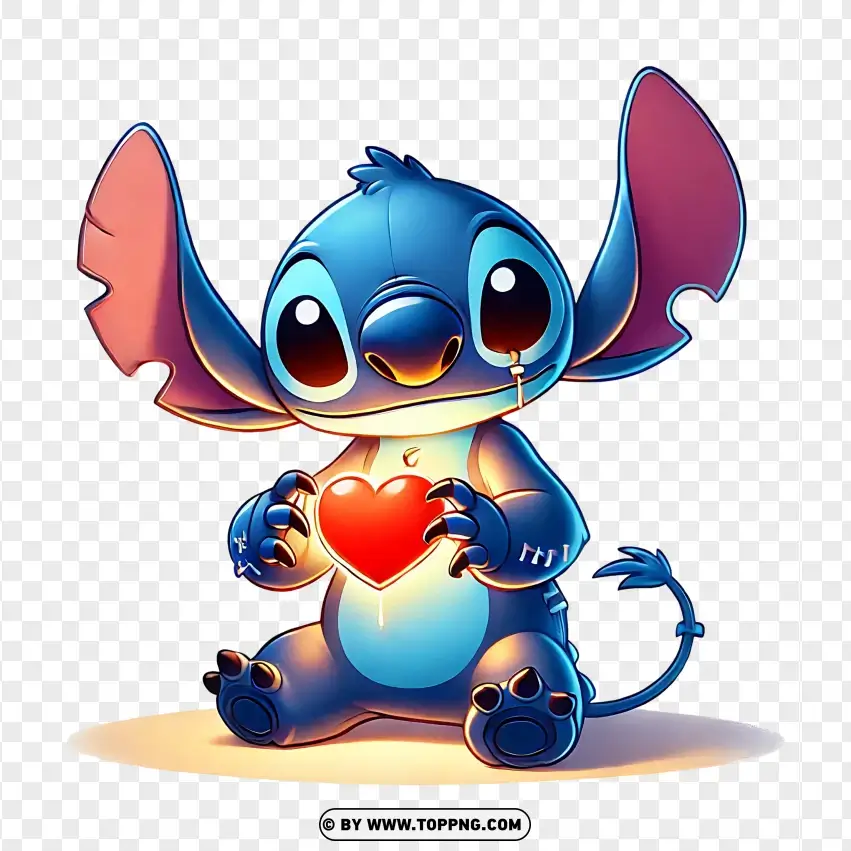 Stitch Holding Red Heart With Love Text PNG Transparent Background