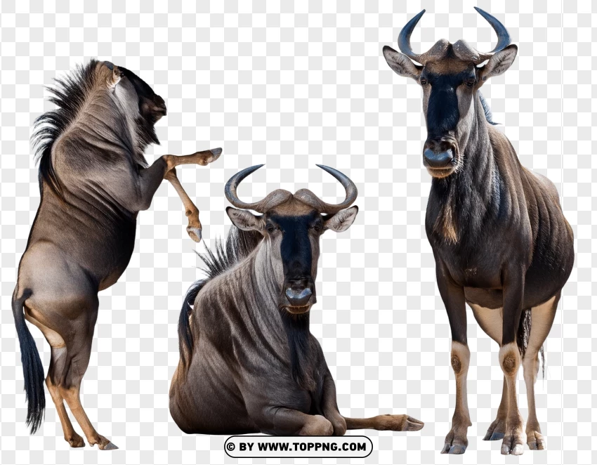 Group Of Three Gnus In Wildlife Action Poses PNG Transparent Background