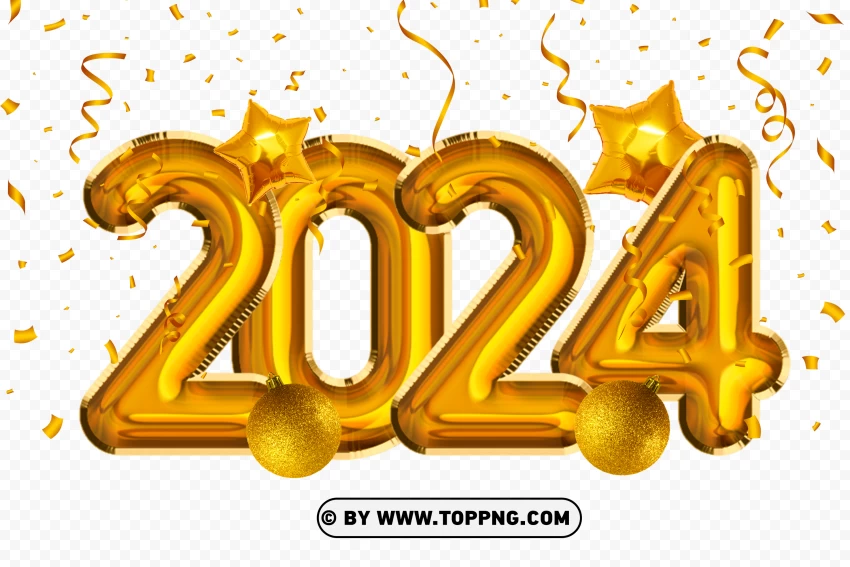 Gold 2024 Design With Star And Balls Holidays And Confetti Hd PNG Transparent Background