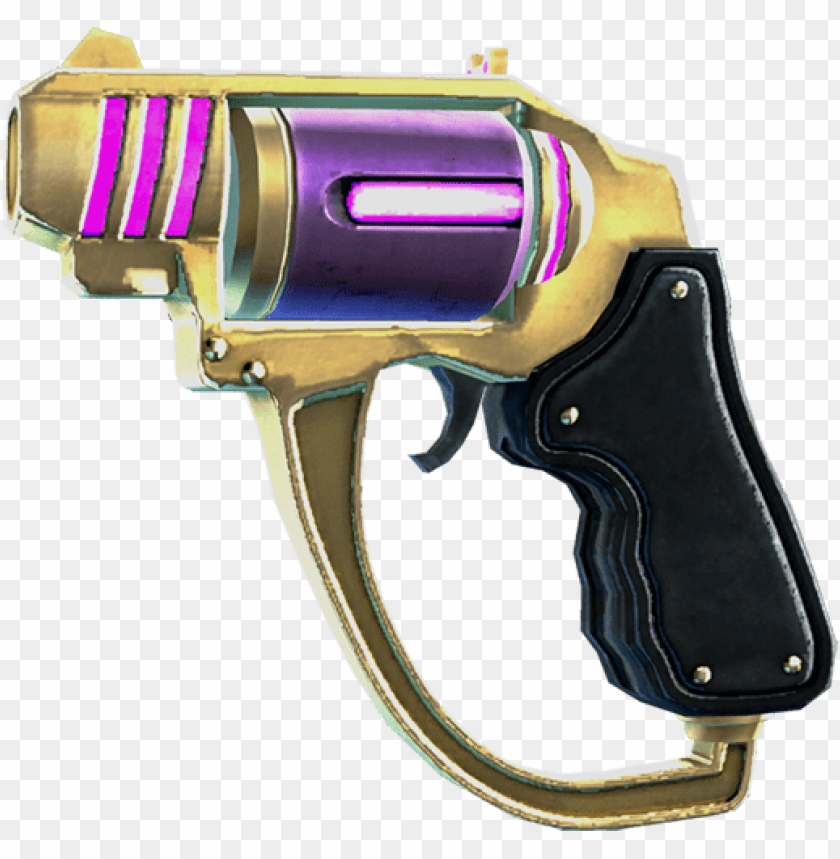 golden gun, futuristic weapon, purple accents, sleek design, gaming accessory, high-tech gear, polished finish