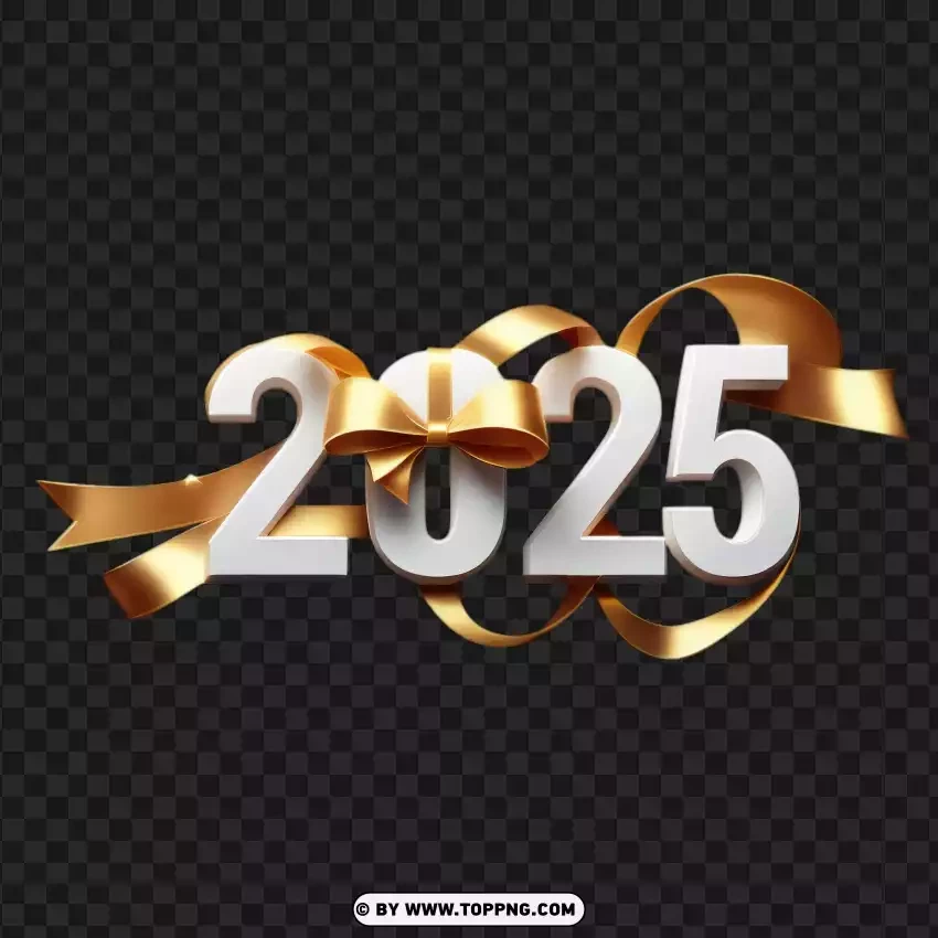 Gold Ribbon With White 2025 Happy New Year Design PNG Transparent Background