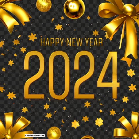 Gold Themed Happy New Year 2024 Hd Card Design PNG Transparent Background