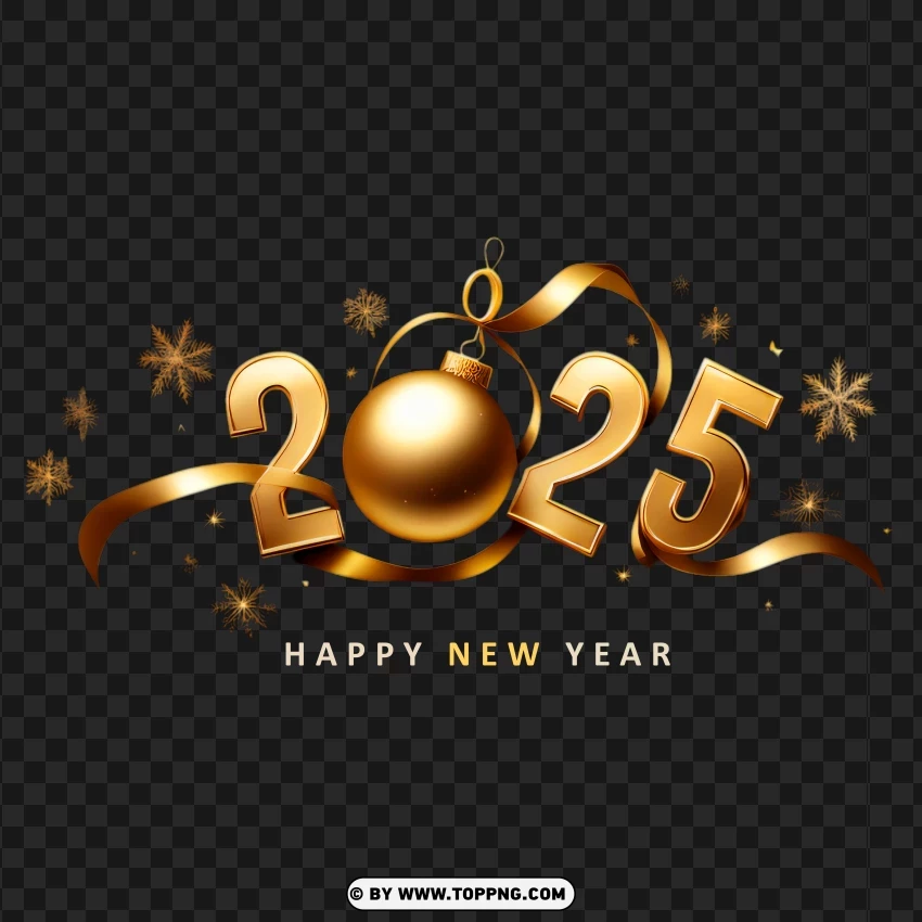 Golden 2025 Happy New Year Design With Christmas Ball And Snowflakes PNG Transparent Background