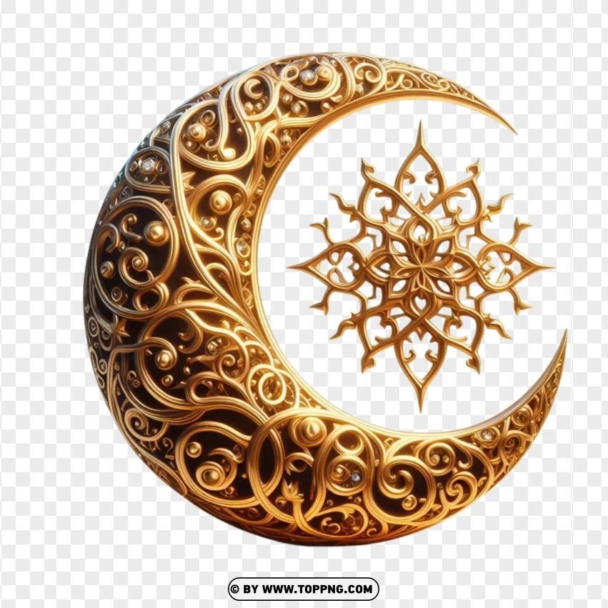 Golden Arabesque Moon With A Star PNG Transparent Background