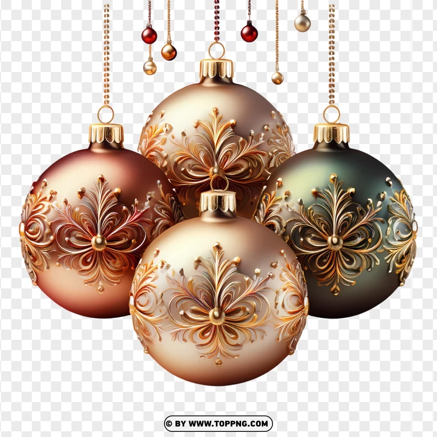 Golden Christmas Ornaments With Elegant Patterns PNG Transparent Background