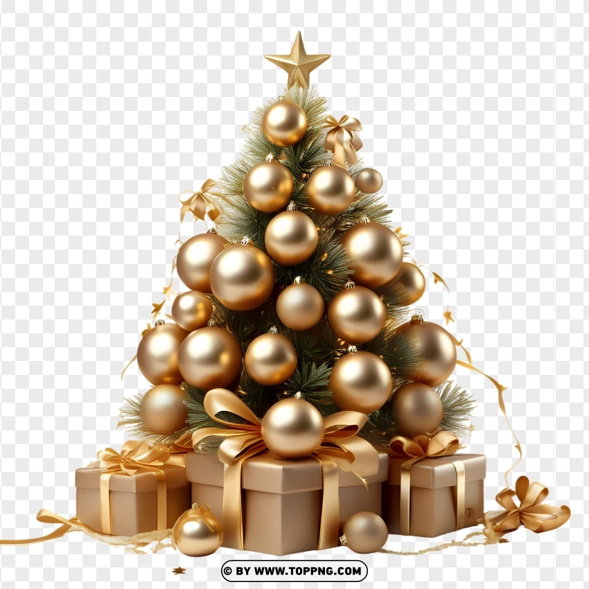 Golden Christmas Tree With Baubles And Gift Boxes Clipart PNG Transparent Background