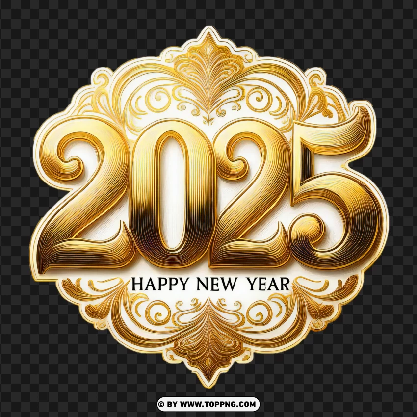 Golden Glitter Happy 2025 New Year Sticker Design PNG Transparent Background