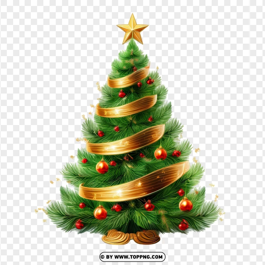 Golden Ribbon Christmas Tree Clipart With Star Topper PNG Transparent Background