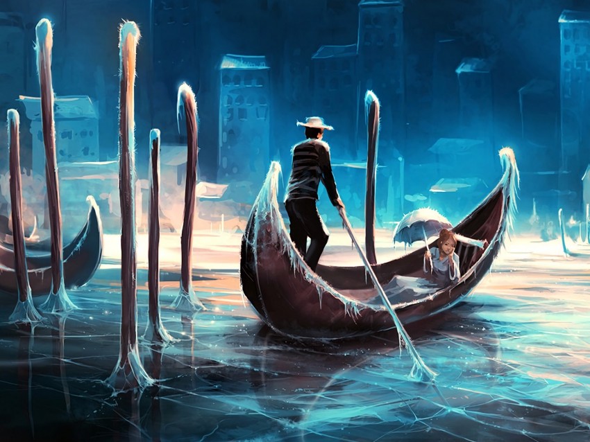 Gondola River Ice Night Art Background