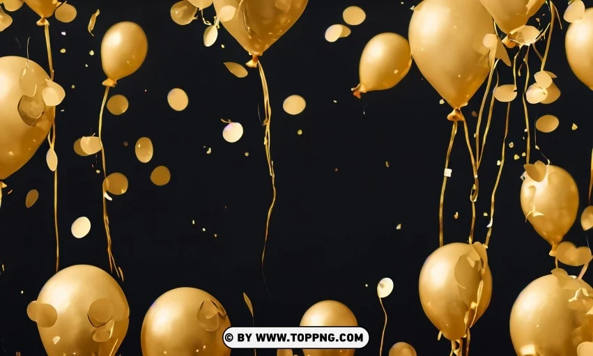 Festive golden balloons, Confetti celebration backdrop, Blurred bokeh party background, Golden inflatable balloons decor, Festive event ambiance, Confetti-filled background, Luxury party scene