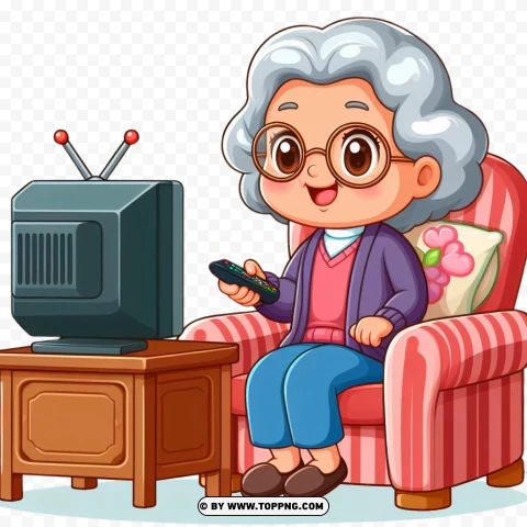 Old Woman Watching Tv Sit Armchair Cartoon PNG Transparent Background