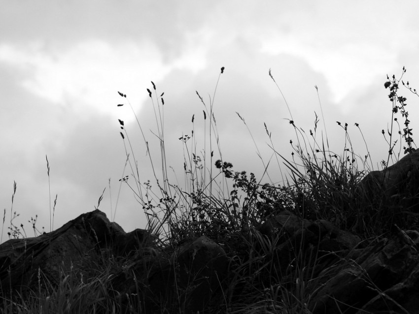 Grass Stones Bw Hill Sky Clouds Background