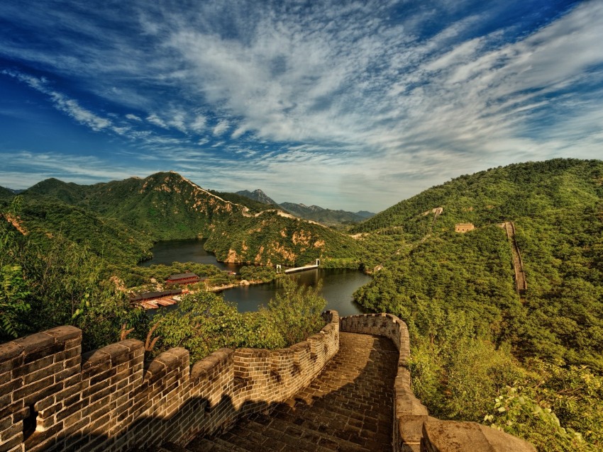 Great Wall Of China Lake Mountains Landscape China Background