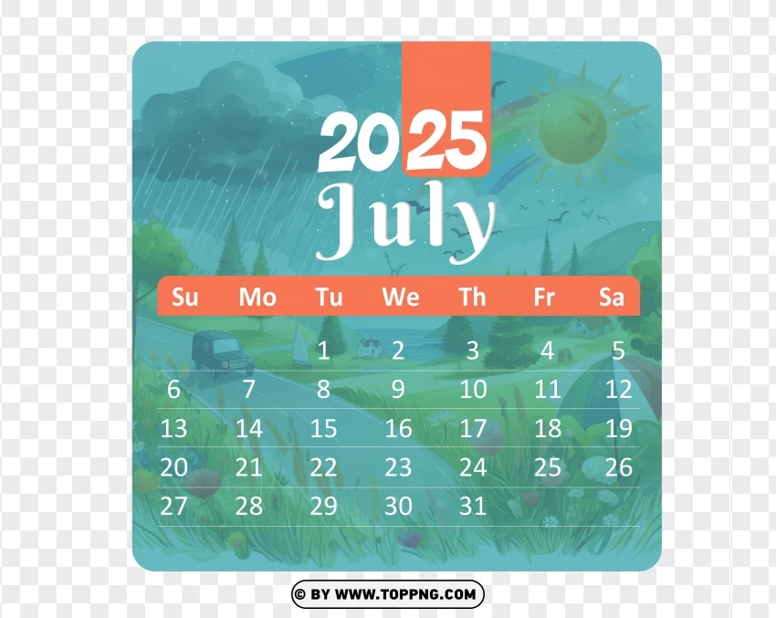 Green July 2025 Vector Monthly Calendar Page PNG Transparent Background