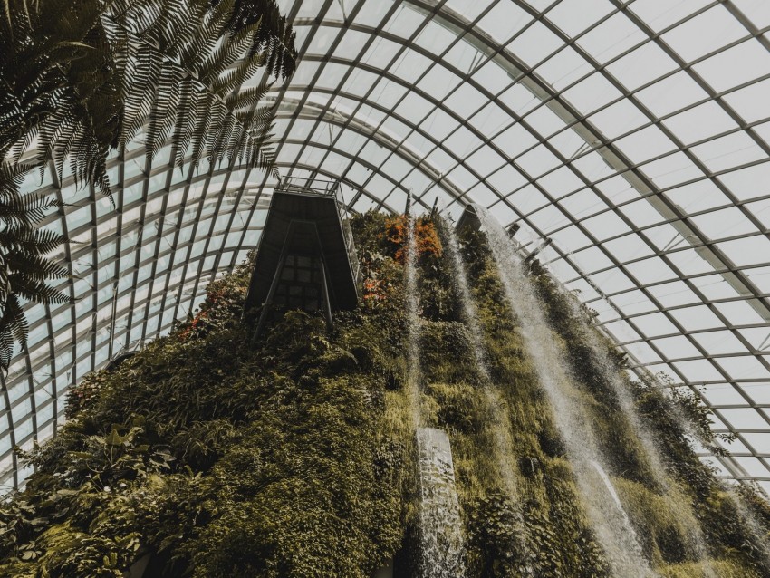 Greenhouse Plants Waterfall Construction Background