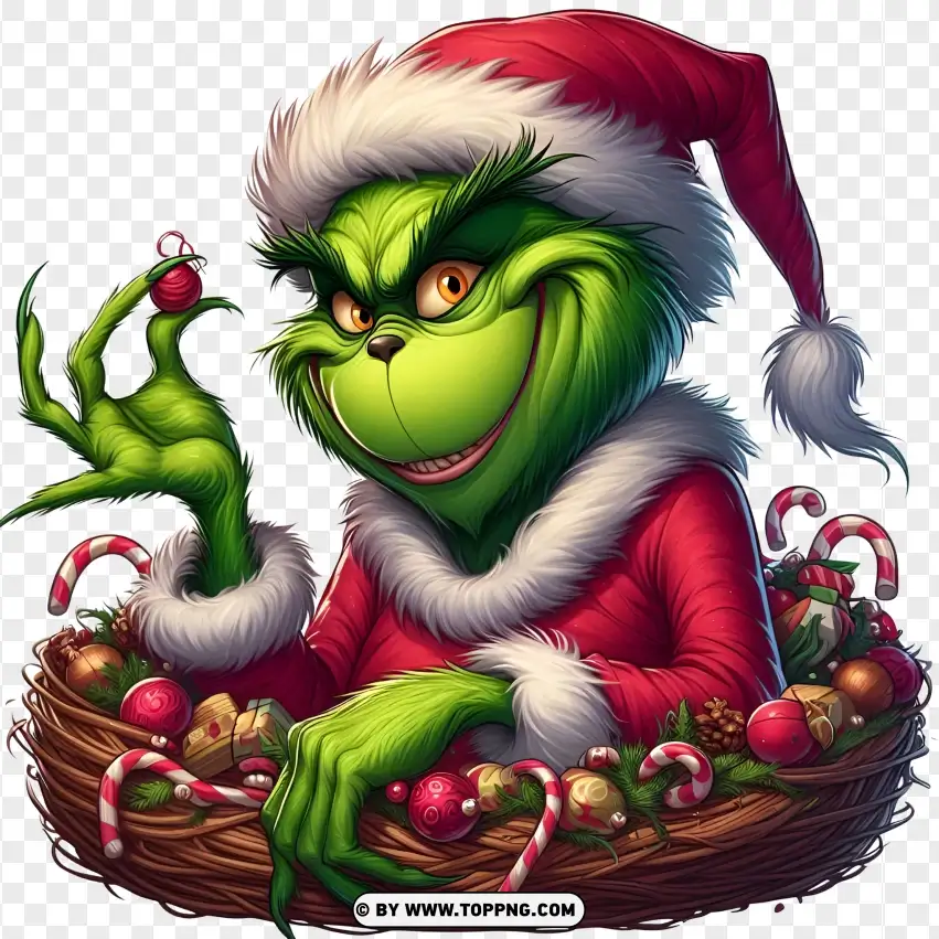 Grinch Holding Holiday Wreath PNG Transparent Background