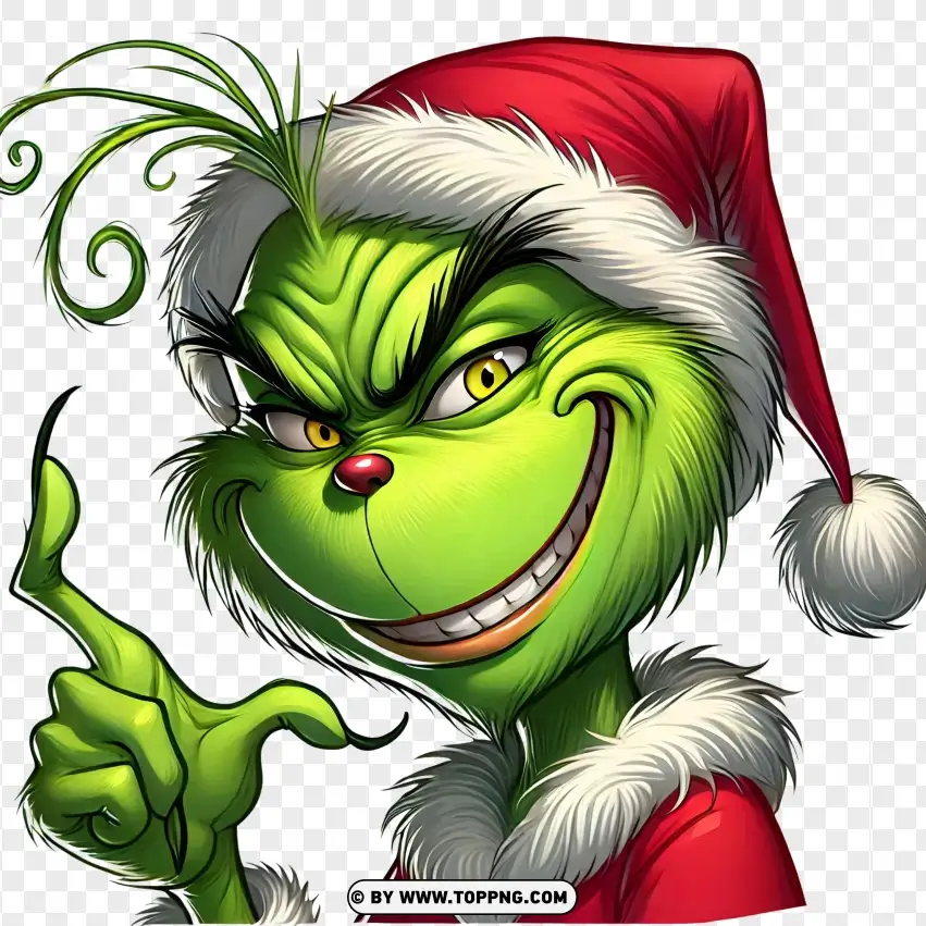 Grinch Plotting Mischief In Santa Hat PNG Transparent Background