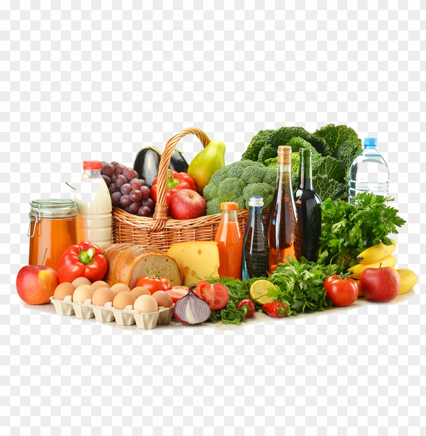 fresh vegetables, healthy snacks, fruit basket, organic produce, assorted drinks, dairy products, eggs and bread