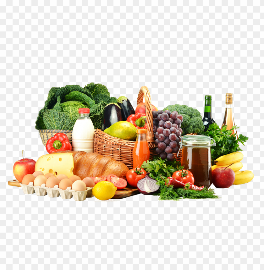 fresh vegetables, seasonal fruits, dairy products, organic eggs, bread loaf, grape varieties, green herbs