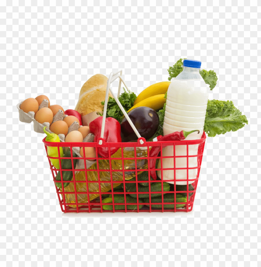 grocery basket, fresh vegetables, eggs, milk, lettuce, bananas, bell peppers